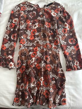 Realisation Par Brown Floral Mini Dress with Orange and Cream Accents